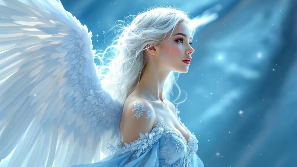 Angel in Celestial Gown with Feathered Wings