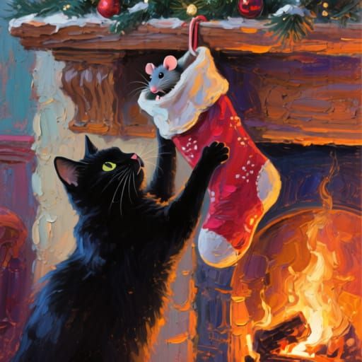 Black Cat Reaches for Christmas Stocking with Mouse, Gouache...