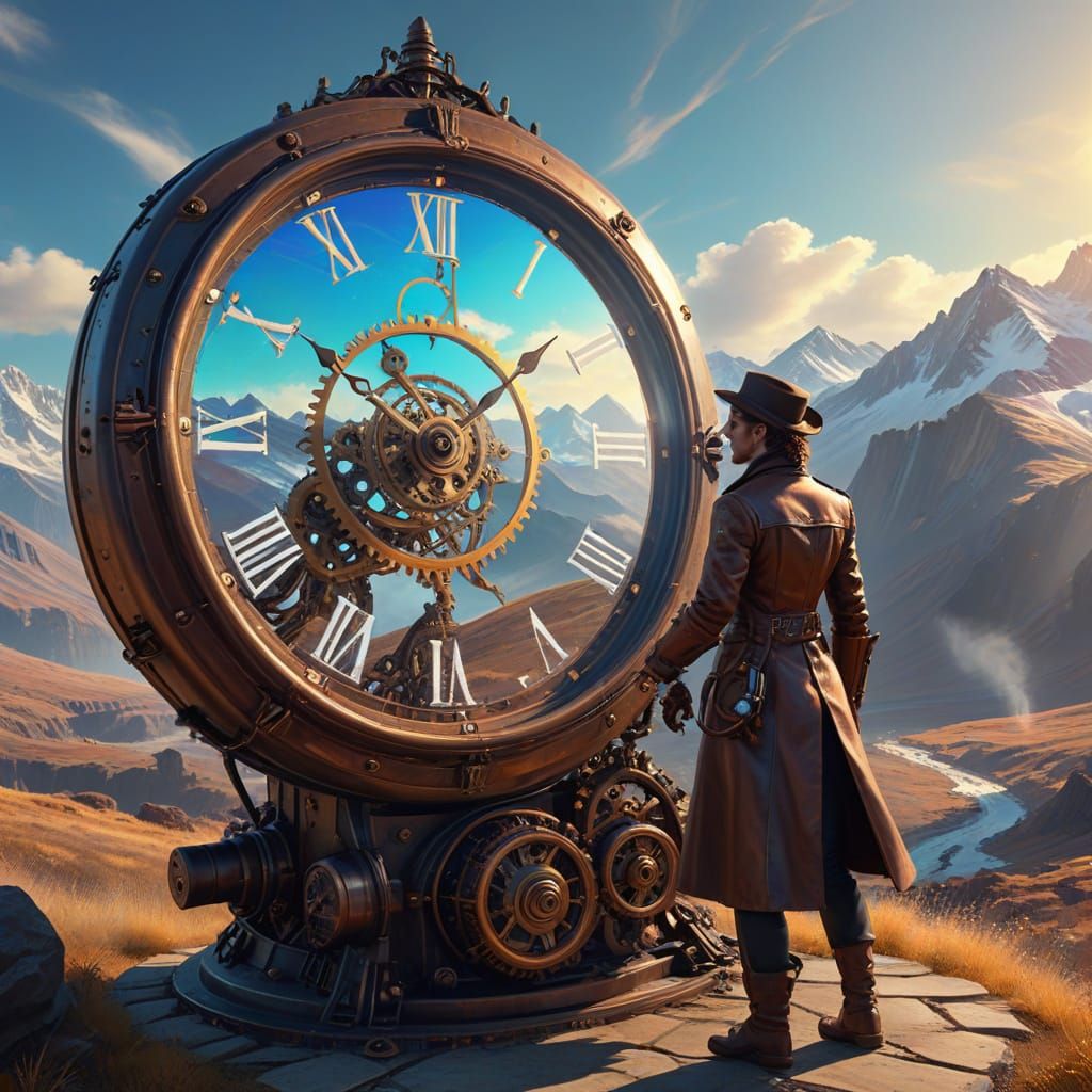 Distorted Clock and Person in Windy Mountain Landscape