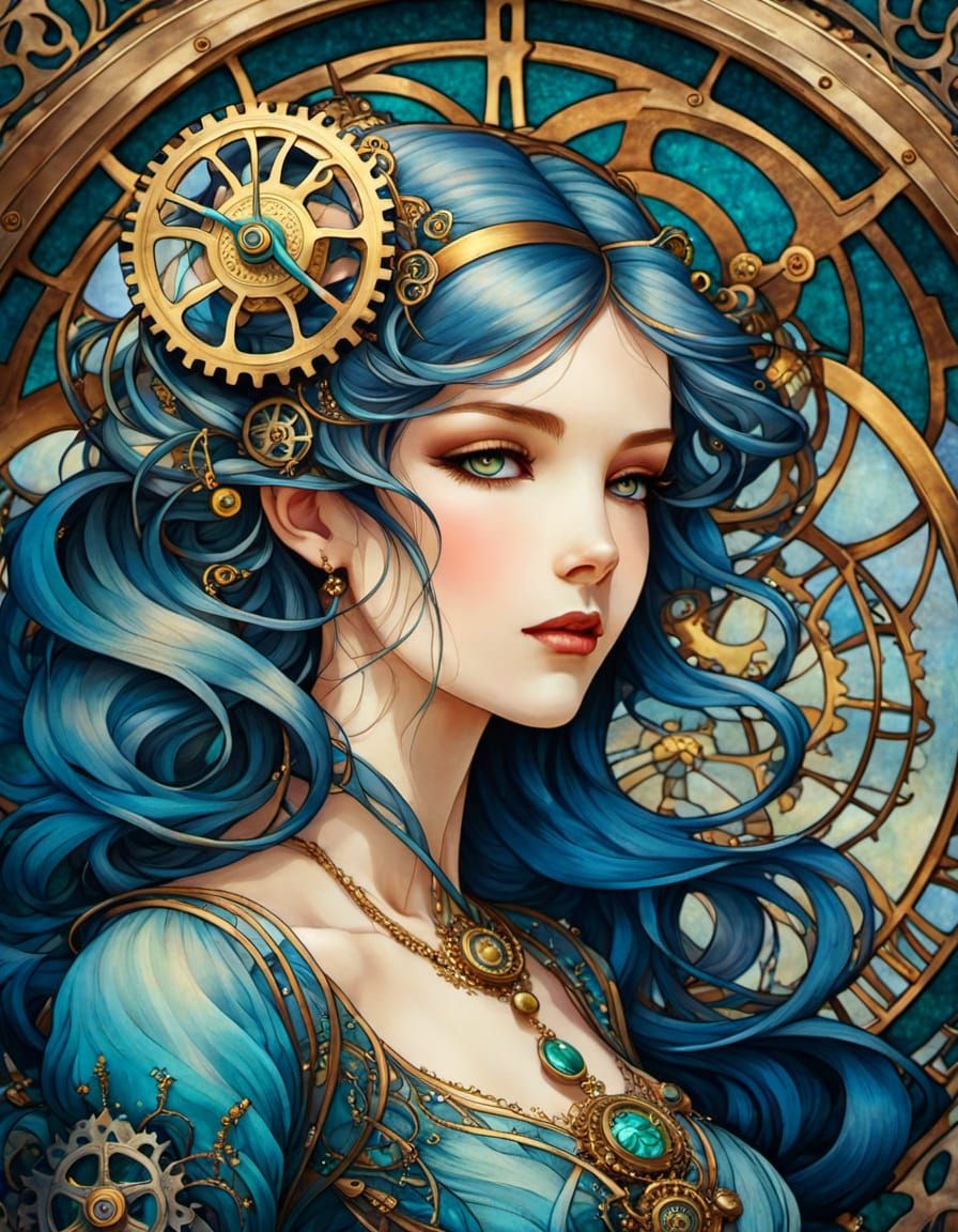 Elegant Art Nouveau Lady in Whimsical Clockwork Setting