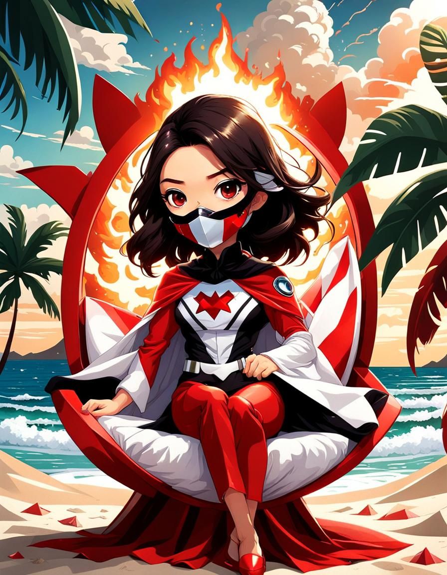 Chibi Indonesian Woman Superhero on Tropical Beach