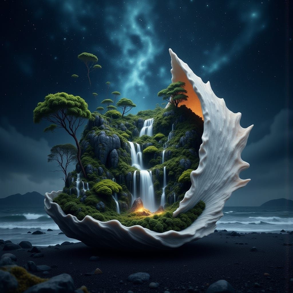 Ethereal Bioluminescent Beach Scene in Fantasy Concept Art S...