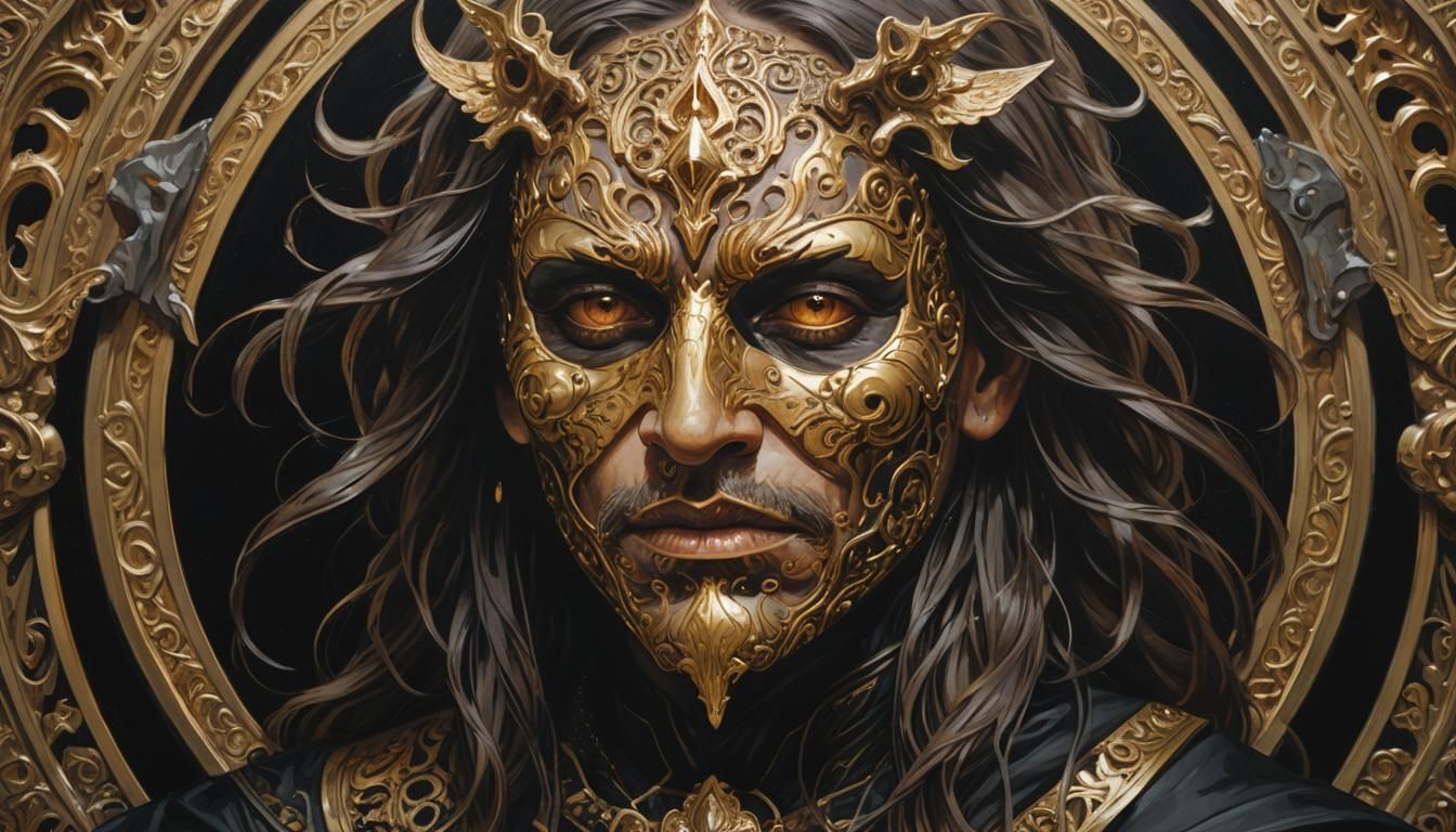 scary intricate gold inlaid mask, award winning epic oil painting of a cultist, 
angry expression, sinister, evil, backl...