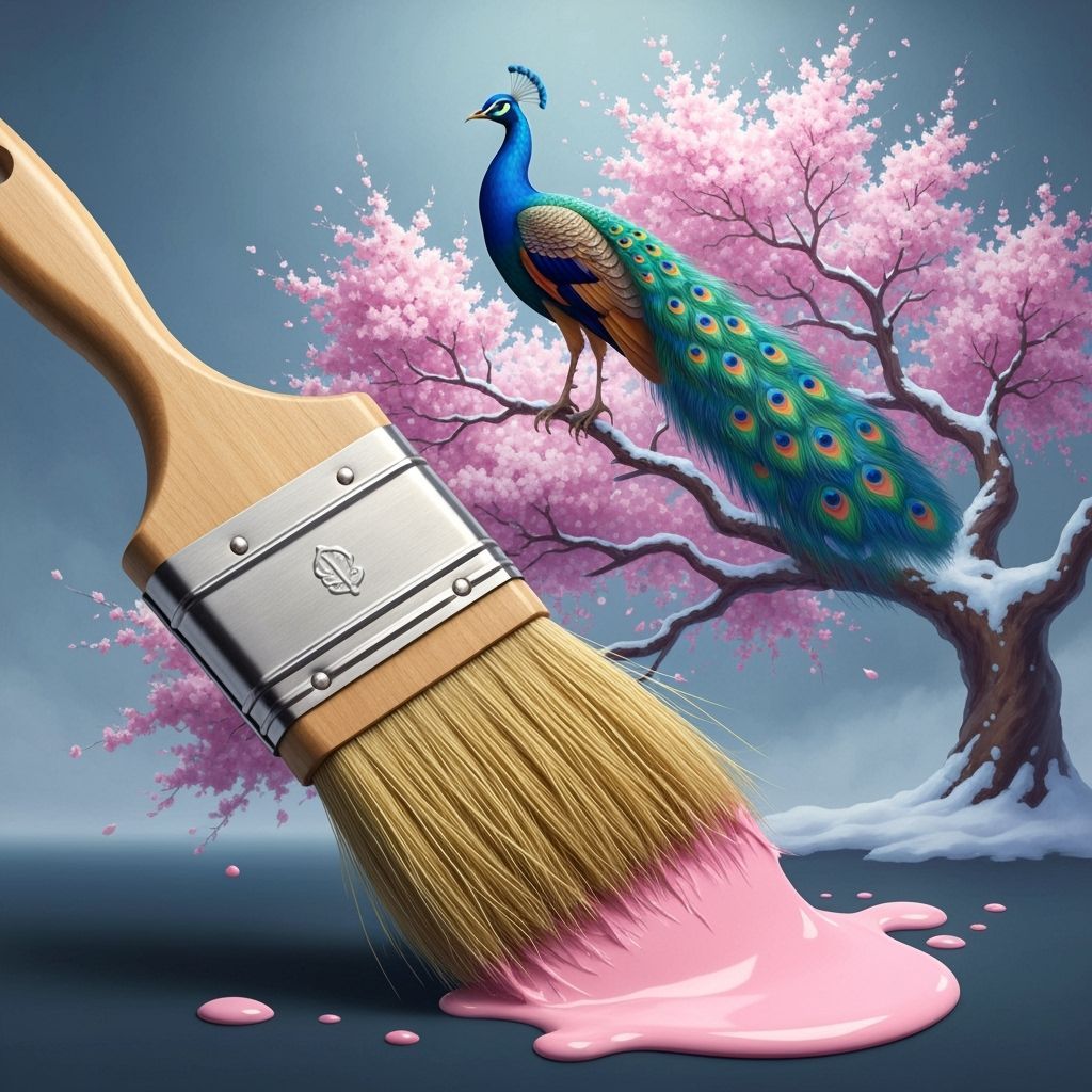 Peacock and Cherry Tree Painted with Wooden Brush