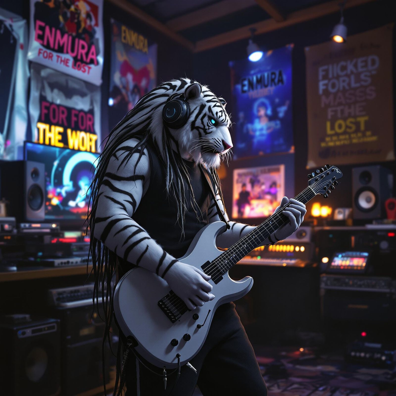 Cyberpunk Tiger Musician in Dimly Lit Studio