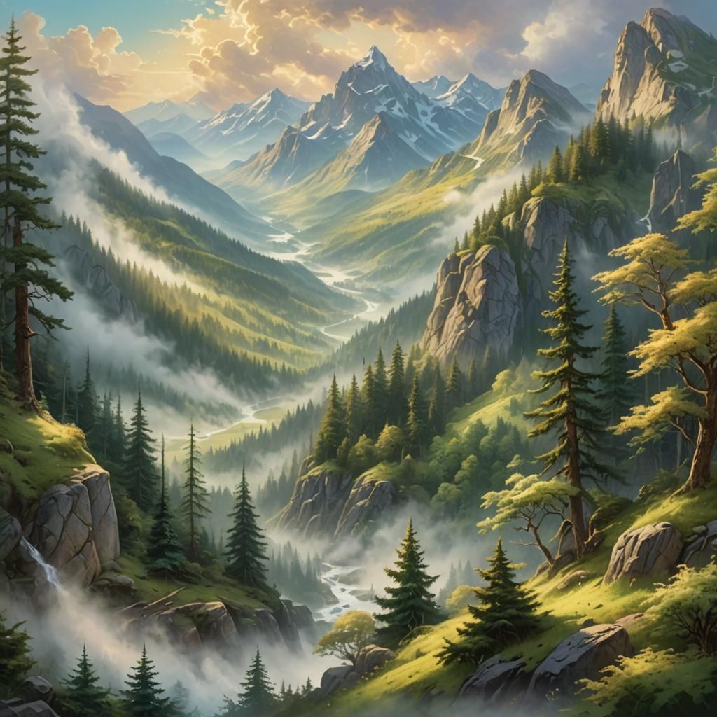 Majestic Mountain Valley in Ethereal Oil Painting Style