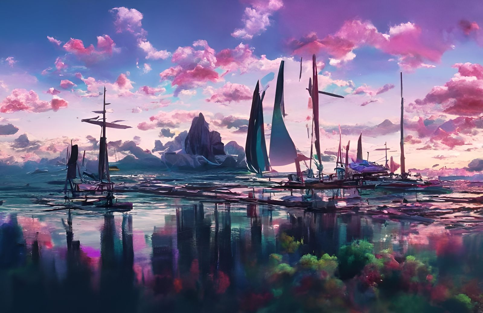 Anime Seascape with Sailing Ships in Ghibli Style