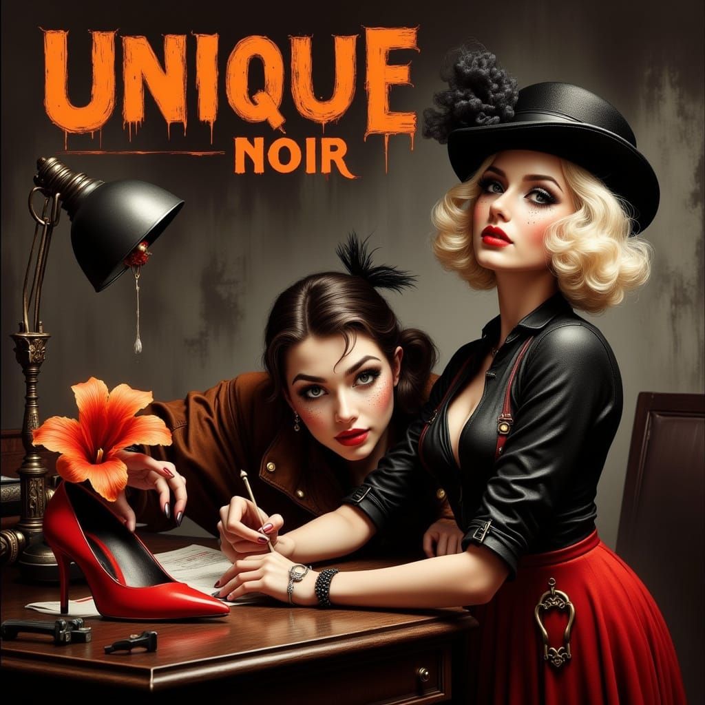 Sultry Noir Femme Fatale in 1940's Attire, Set in a Hyper-Re...