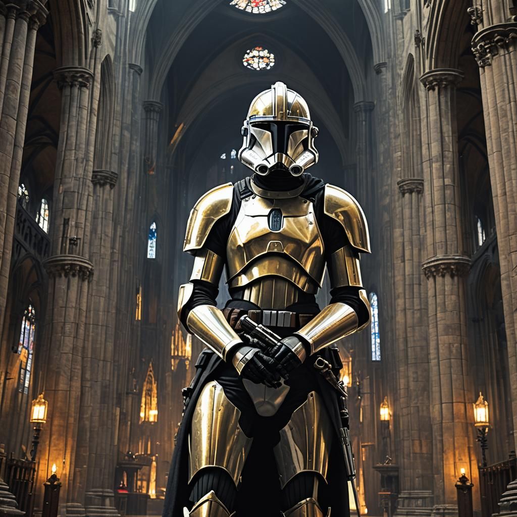 Hyper-Realistic Leah in Clone Trooper Armor, Gothic Cathedra...