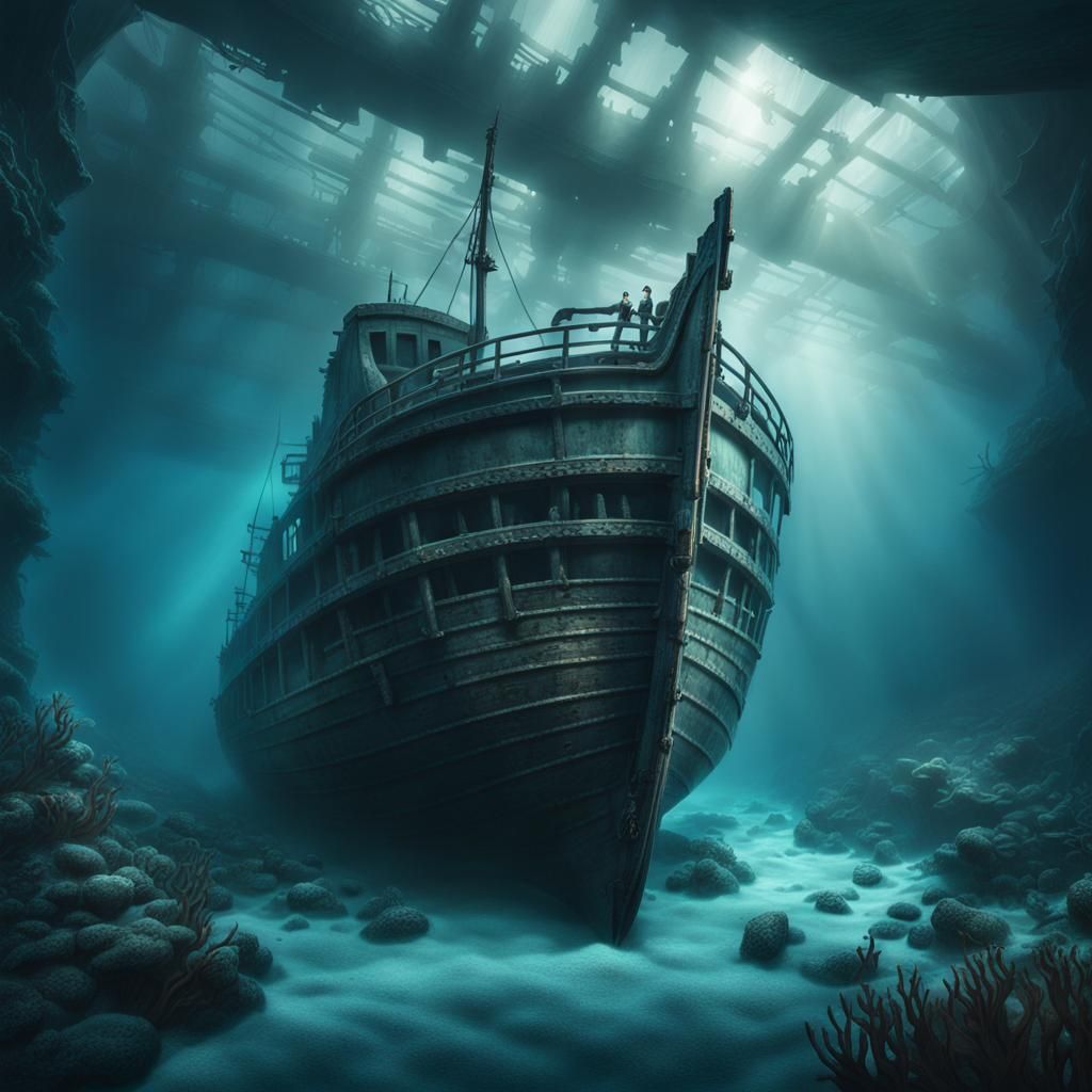 Eerie Underwater Shipwreck in Misty Light