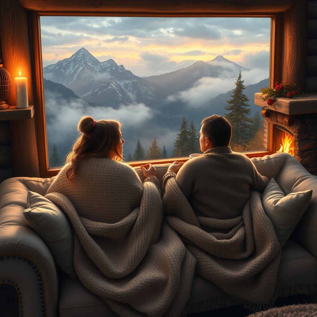 Romantic Cabin Scene with Couple Sipping Chai by Misty Mount...