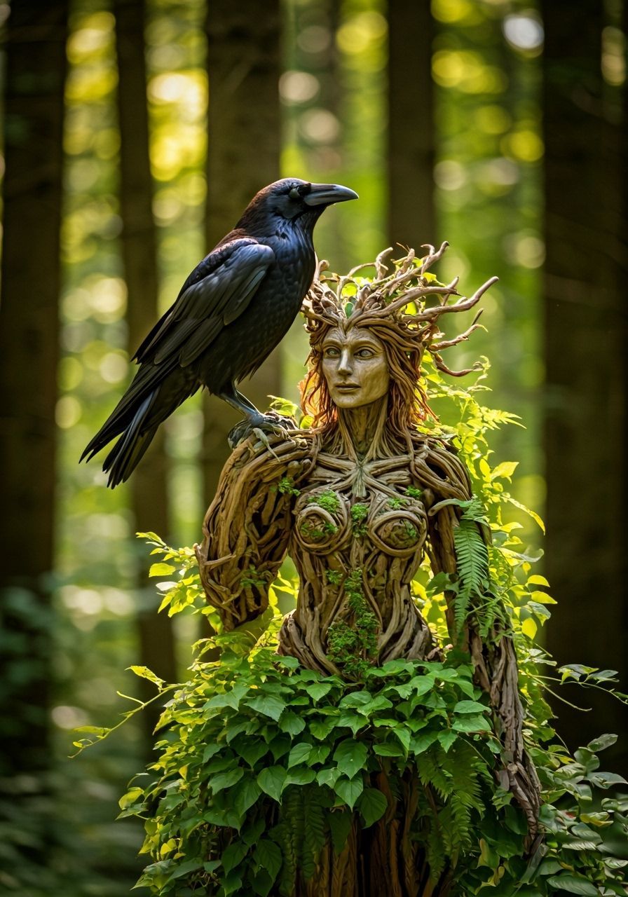 Enchanted Forest Dryad Sculpture with Raven