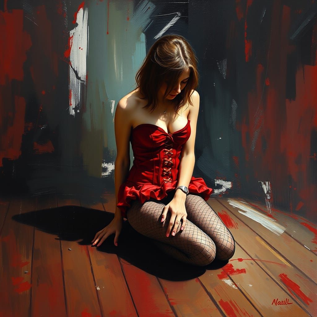 Expressive Oil Painting of Woman Kneeling