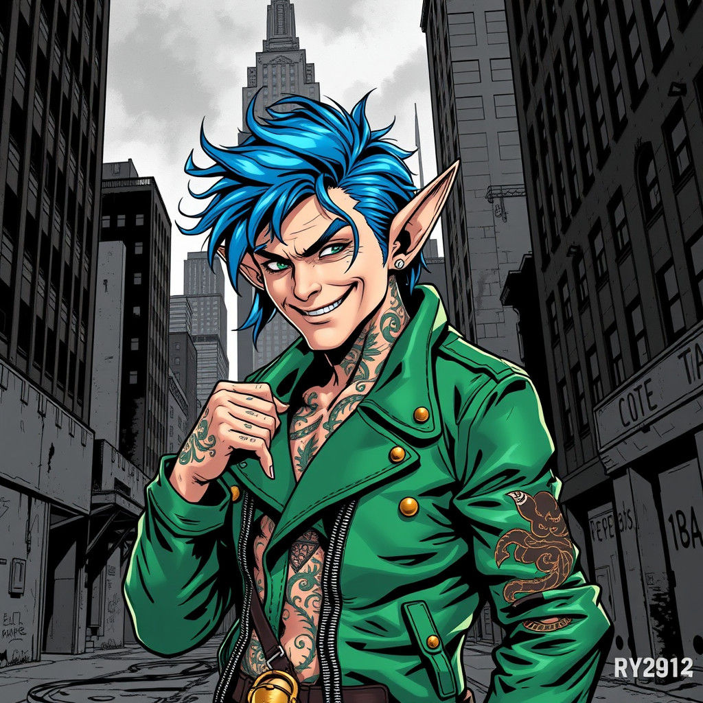 Electric Elf in Emerald Jacket, Comic Book Style