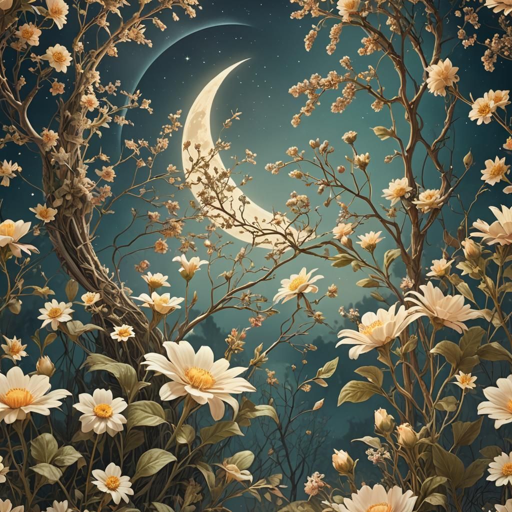 Floral Moon in Dreamlike Film Photography Style