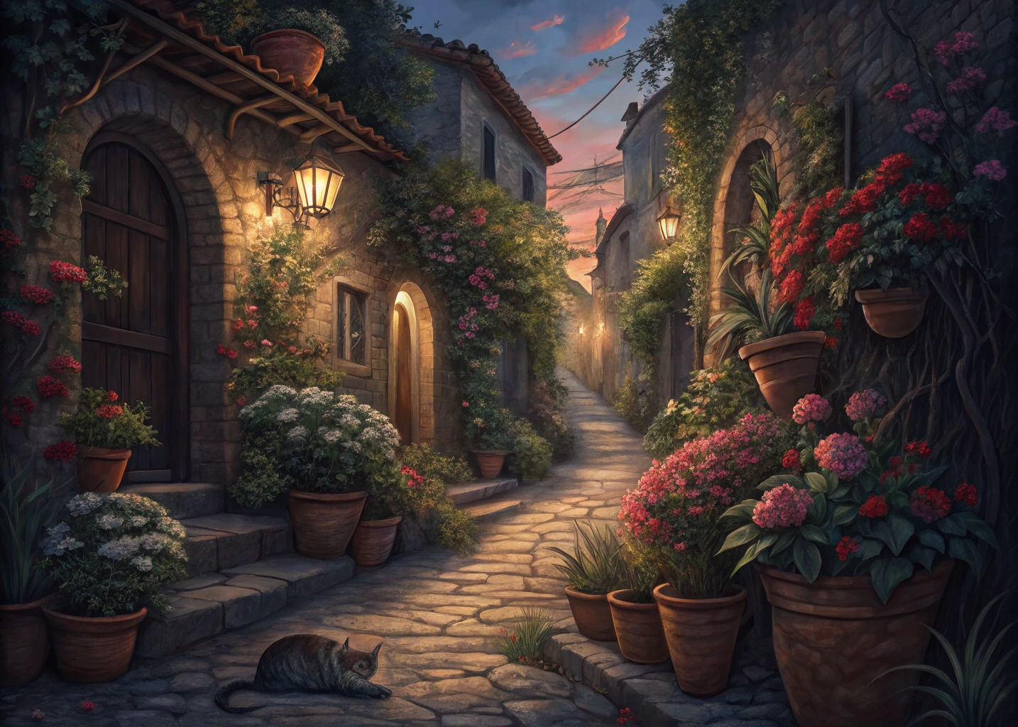Mediterranean Alley with Cat, Dreamlike Illustration