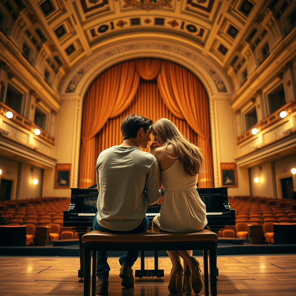 Affectionate Couple in Grand Concert Hall, Cinematic Style
