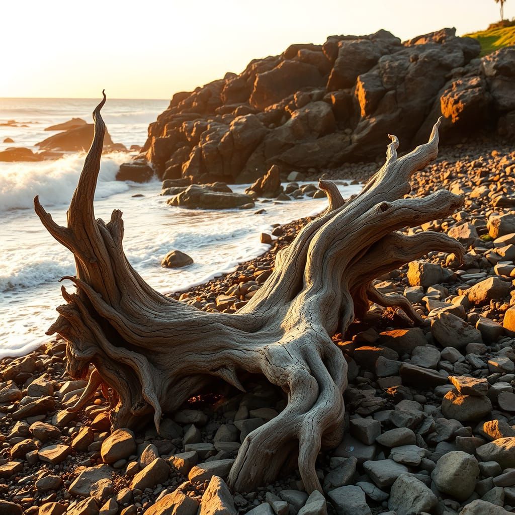 Golden Hour on Rocky Beach with Driftwood Art