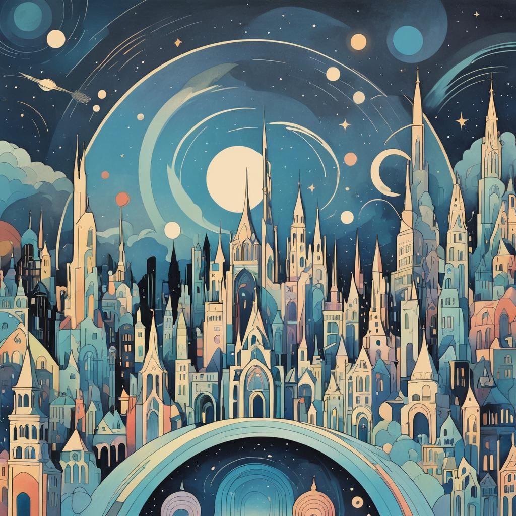 Fantasy City Silhouettes in Iridescent Abstract Style