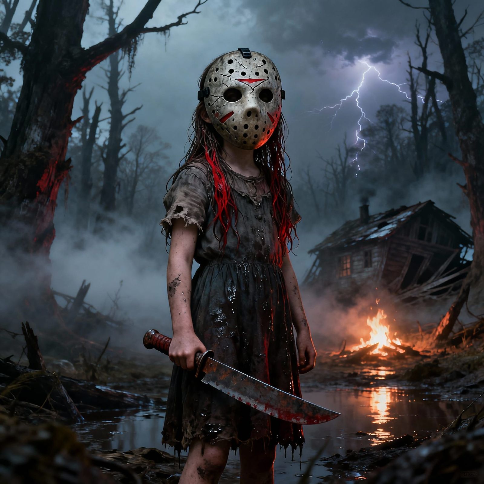 Cinematic Horror Portrait: Girl in Misty Forest