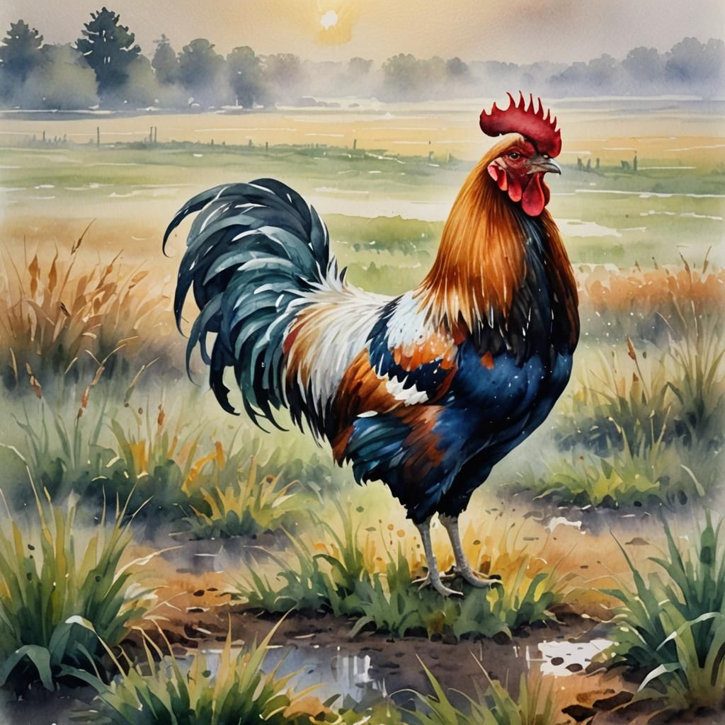 Rooster in Foggy Field: Watercolor Impressionism