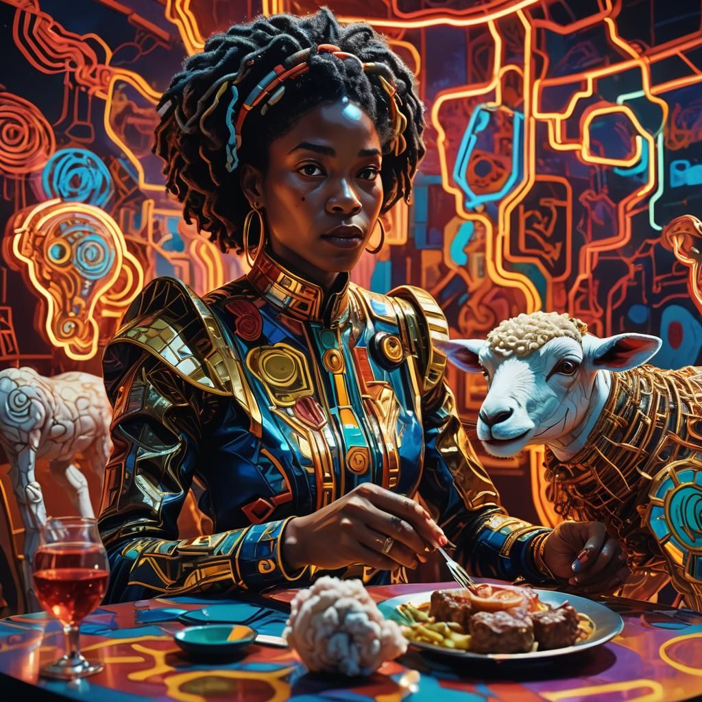 Afrofuturistic Mary's Lamb Chop Dinner in Bold Colors