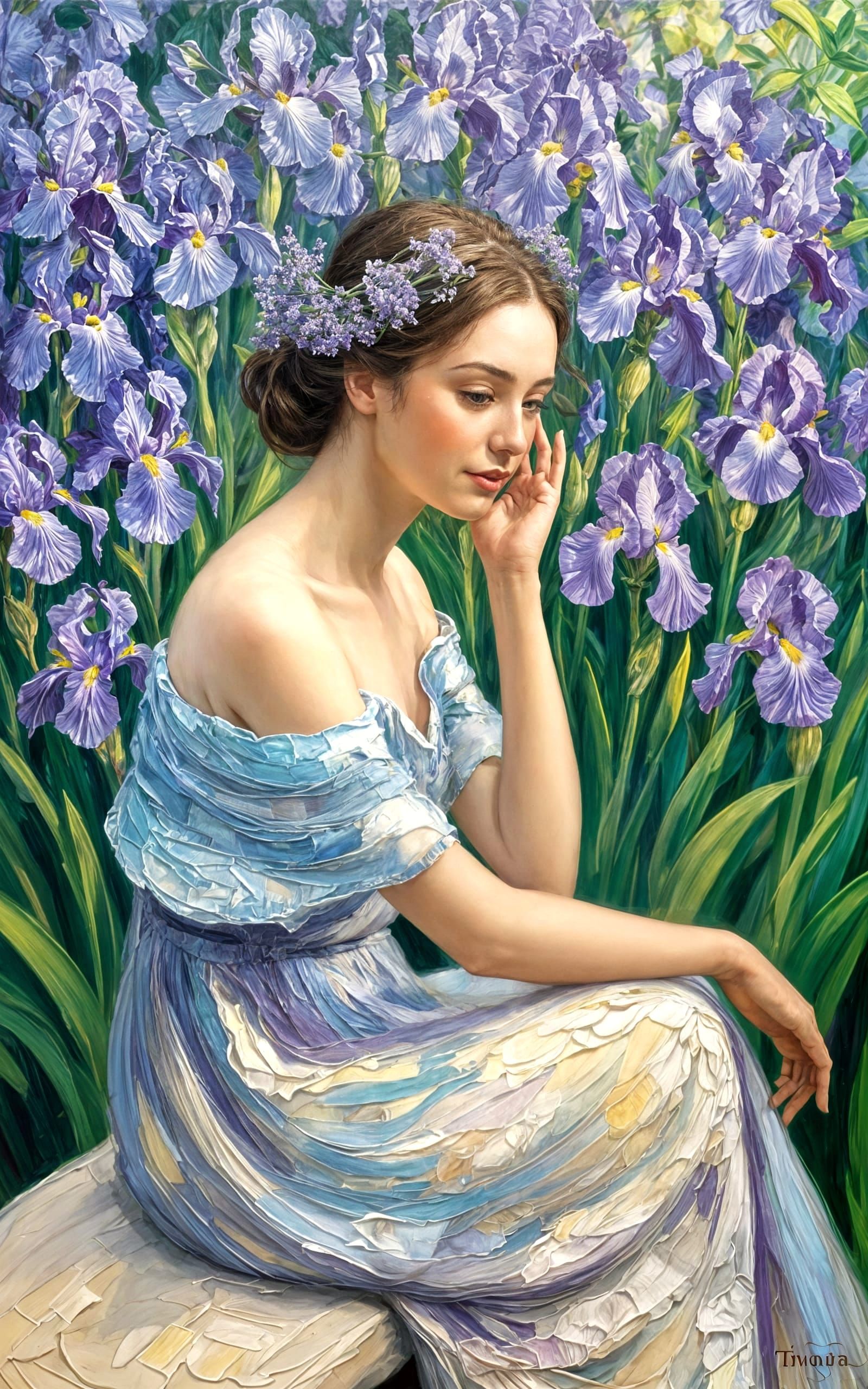 Ethereal Woman in Sunlit Iris Garden Oil Painting