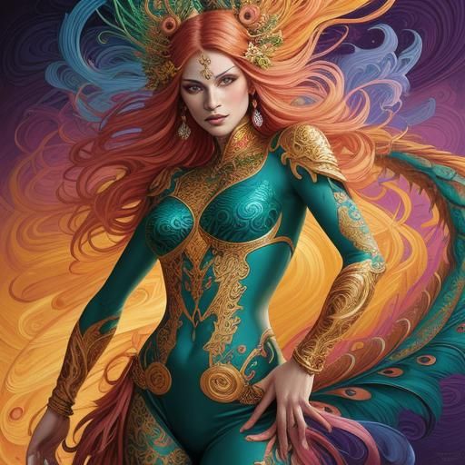 Dragon Peacock Woman in Abstract Expressionism Style