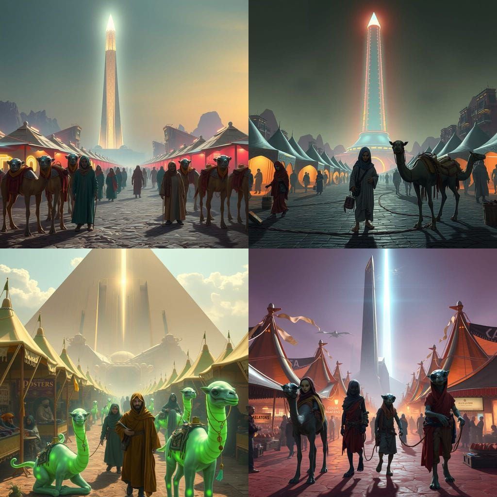 Alien Silk Road Market with Obelisk Tower