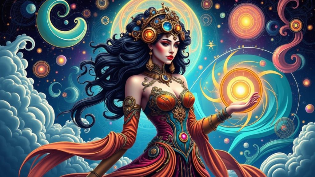 Steampunk Goddess with Vibrant Art Nouveau Patterns and Neon...