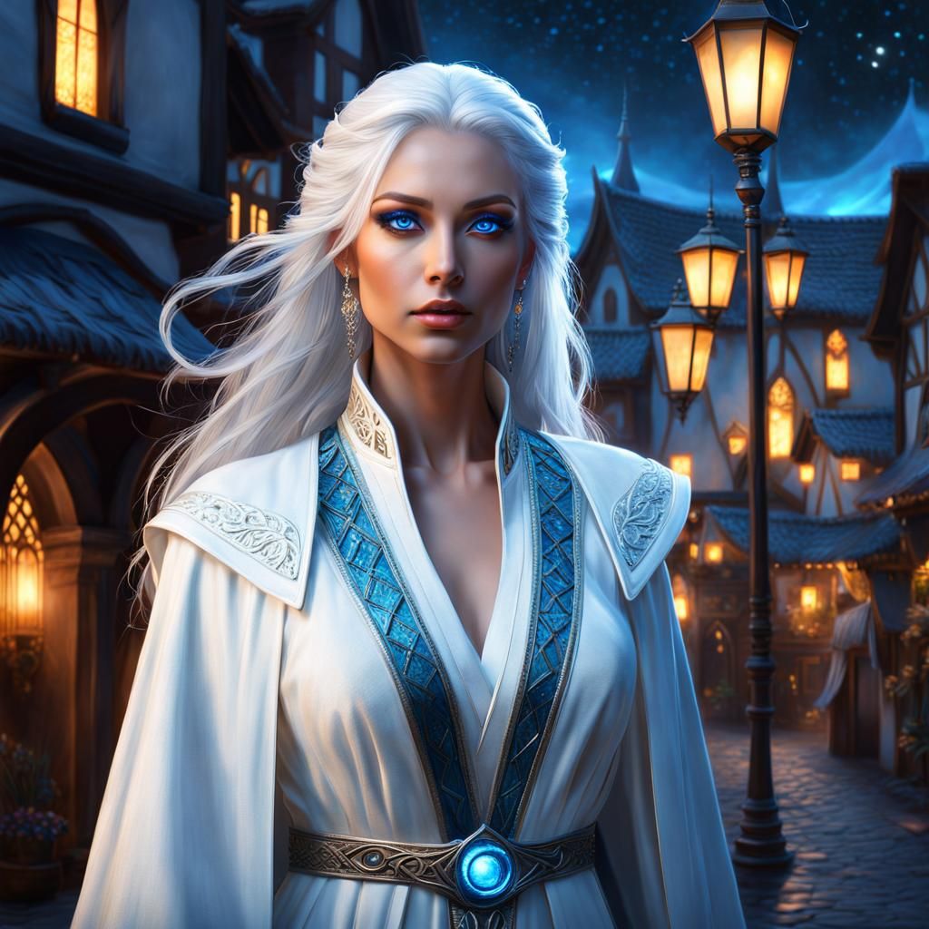 Stunning Aasimar Cleric in Moonlit Town: Digital Painting