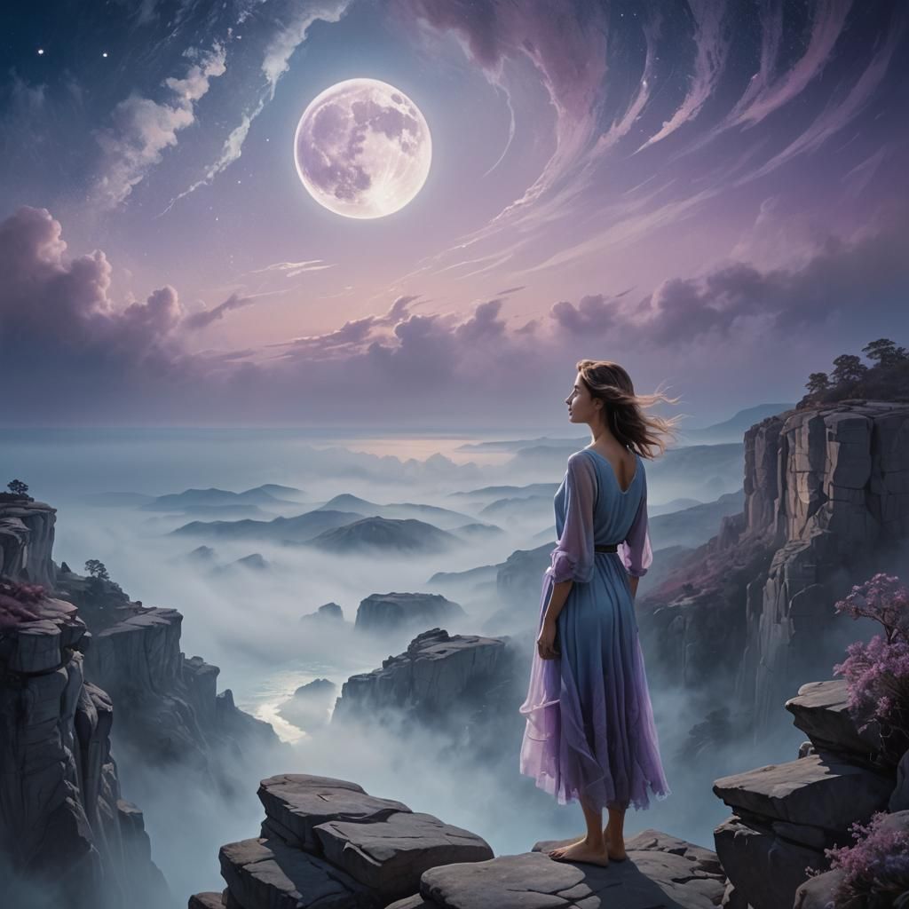 Woman Gazing at Moon in Dreamlike Surrealism