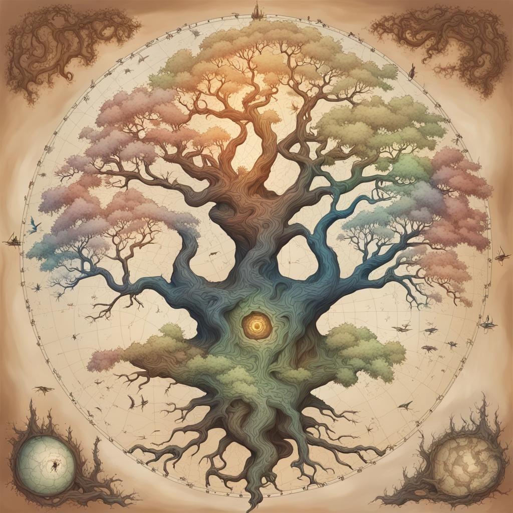 Detailed Parchment Map of Norse Mythology's Yggdrasil