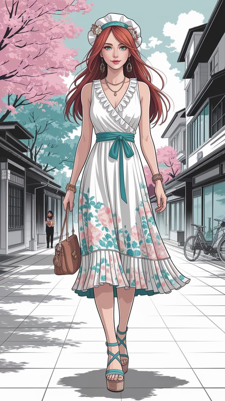 Japanese Woman in Bohemian Dress, Anime Style