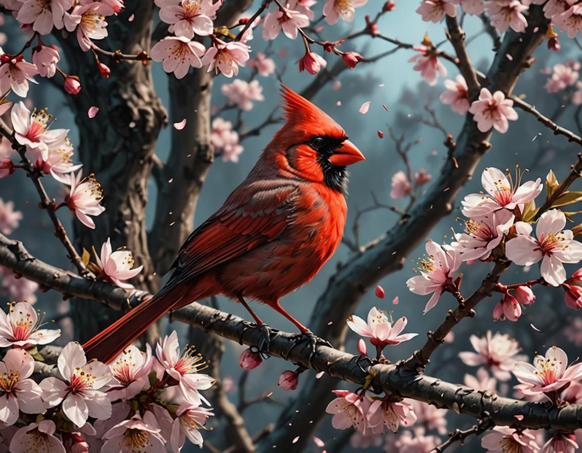 Cardinal Among Cherry Blossoms: Detailed Matte Painting