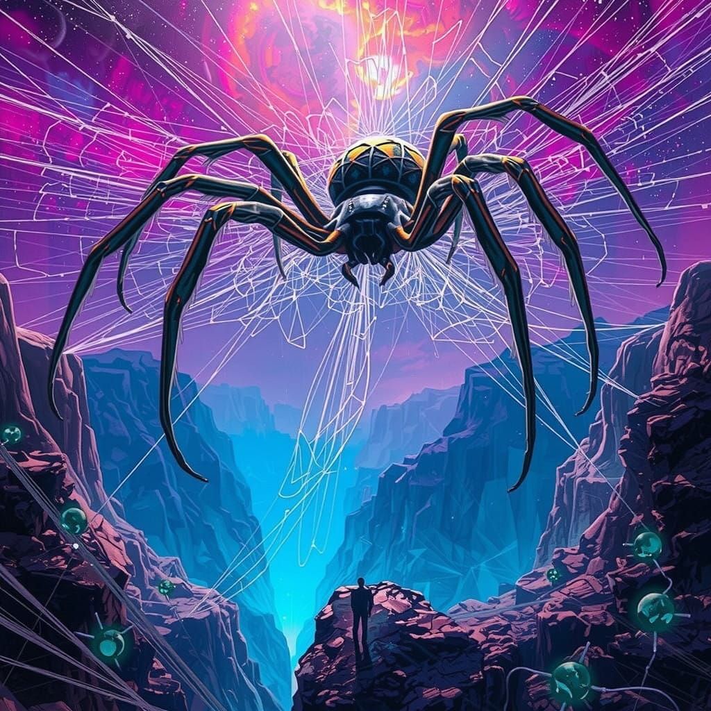 Cosmic Spider Dominates Surreal Landscape in Vibrant, Irides...