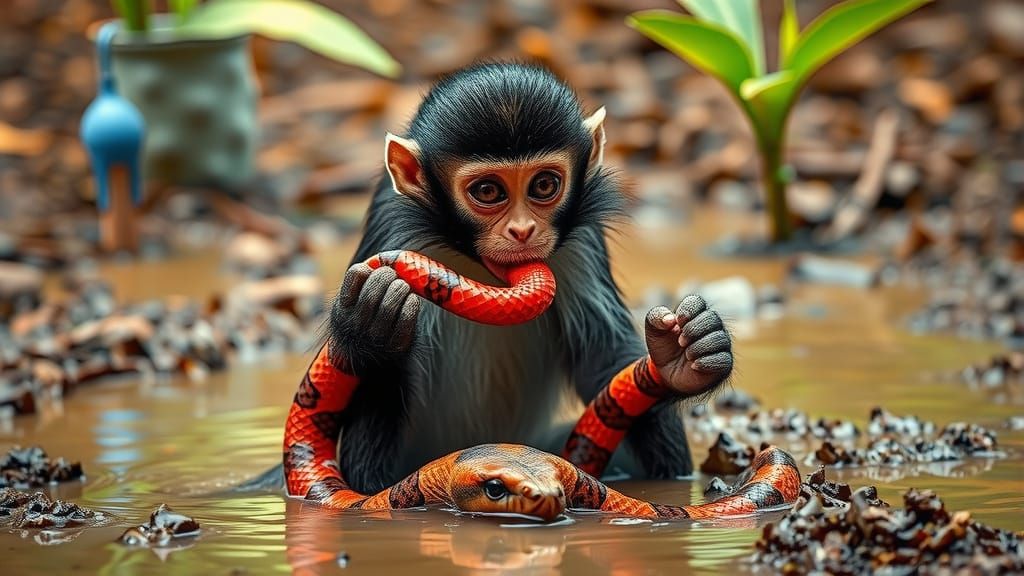 Spider Monkey with Snake in Mud Pit