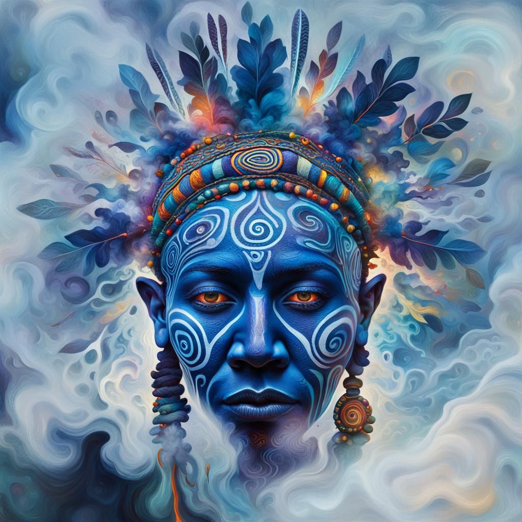 Psychedelic Shaman in Tribal Headdress: Surreal Oil Painting