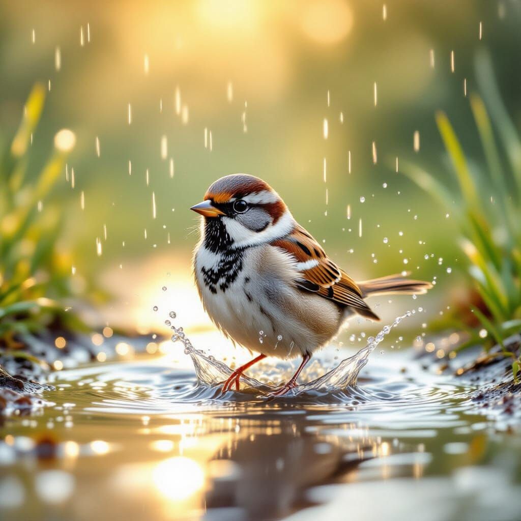 imagine a close up dynamic images of a sparrow joyfully, spl...