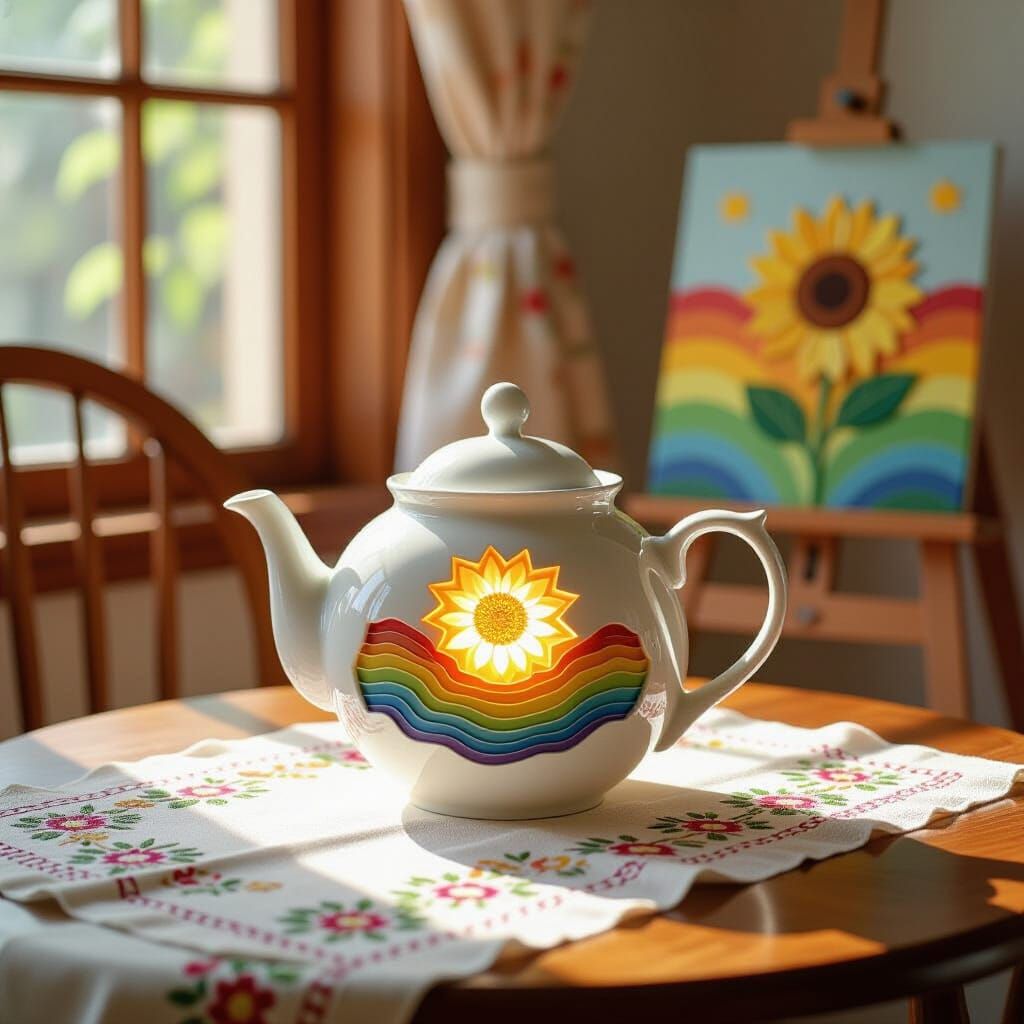 Rainbow Layered Teapot Steeping Warm Tea in Sunlight