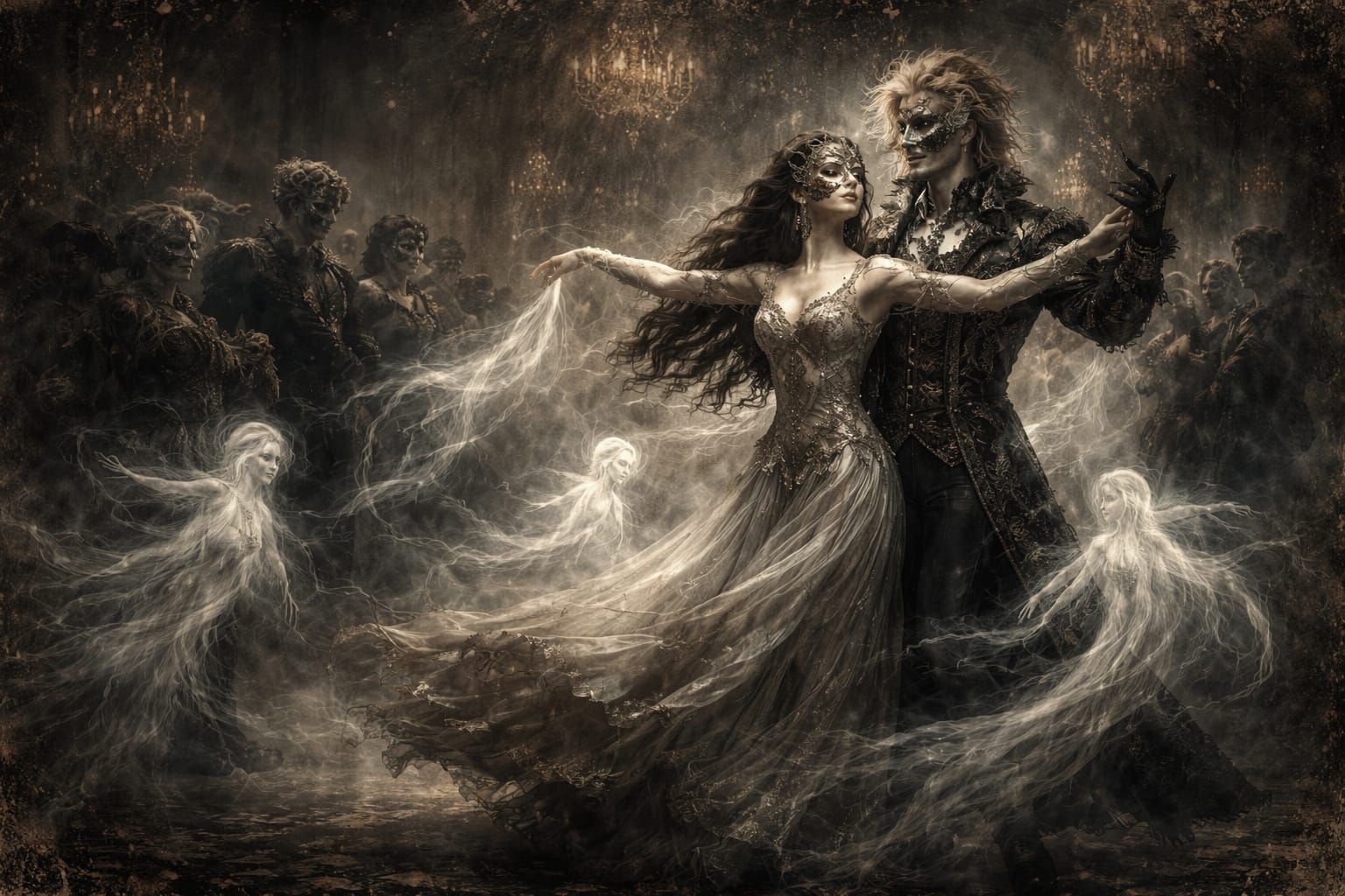 Gothic Beauty Dances with Spirits in Masquerade Ball