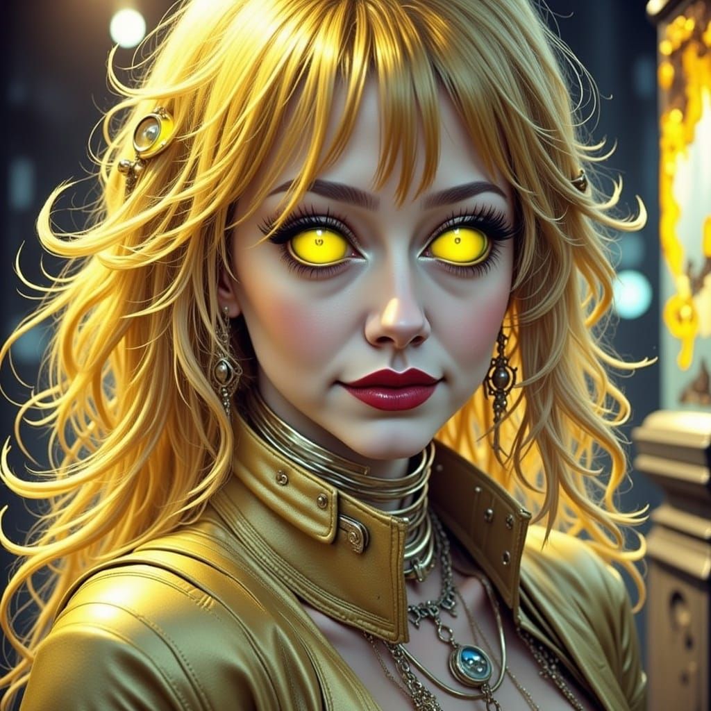 Shimmering Cyberpunk Figure with Metallic Eyes