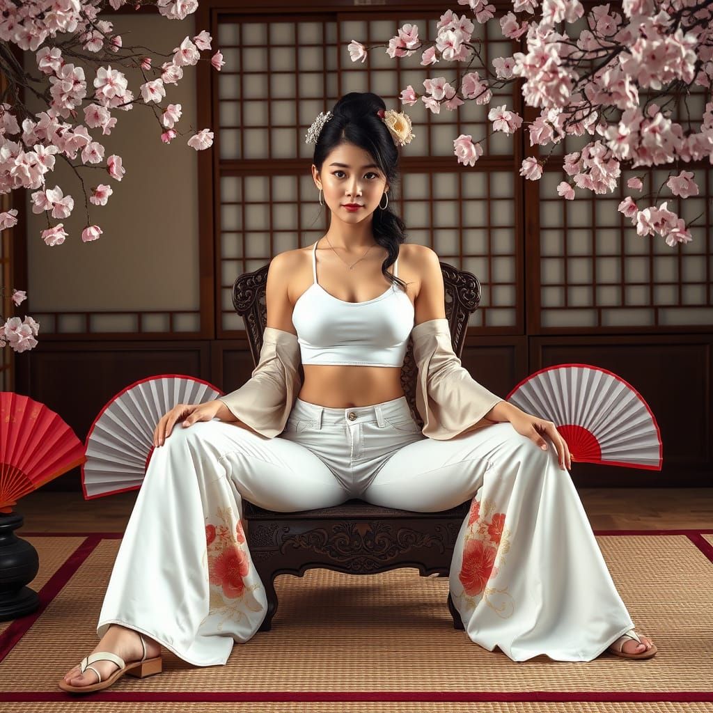 Geisha in Modern Attire with Cherry Blossoms