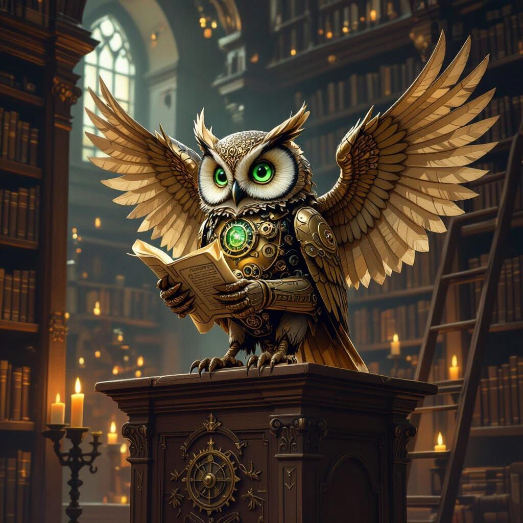 Steampunk Owl in Candlelit Library