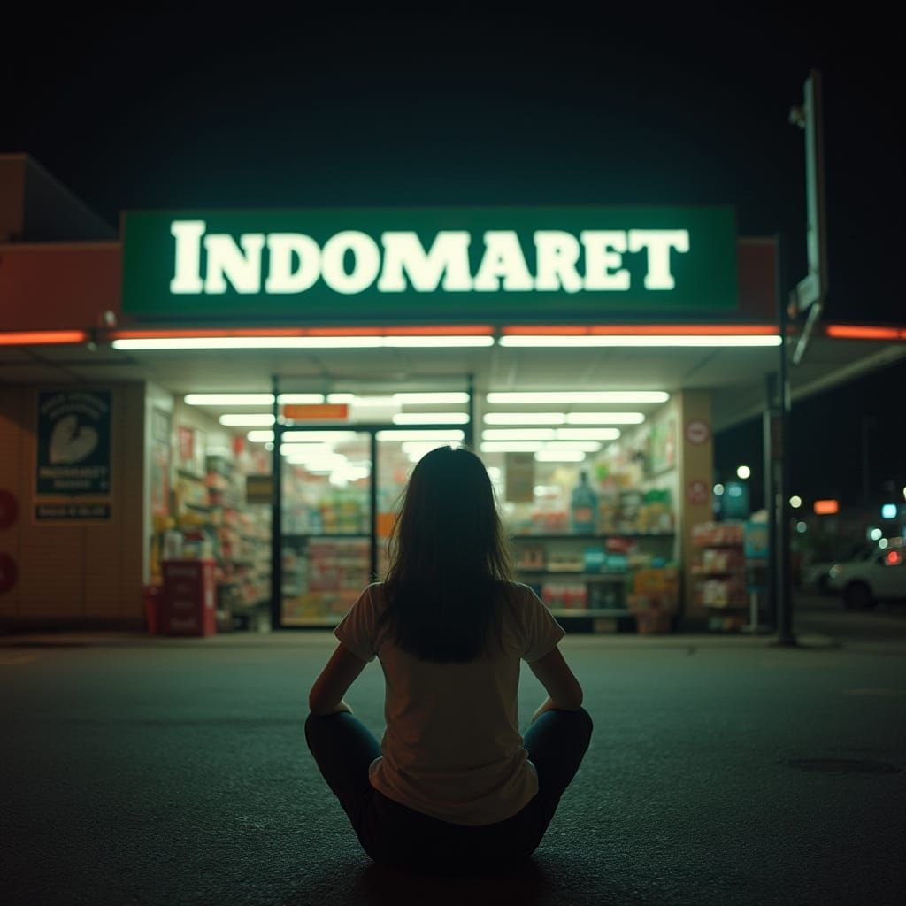 Night Scene: Woman at Indomaret in Realistic Style