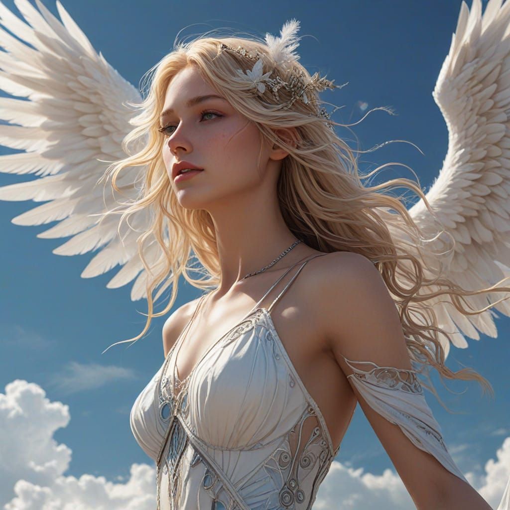 Angel of Heavenly Beauty in Snowy White Wings