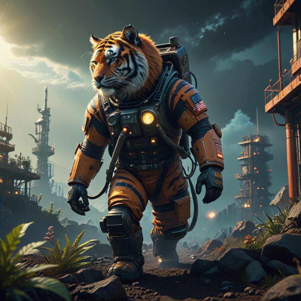 Tiger-gnome. Astronaut, asteroid gardener
