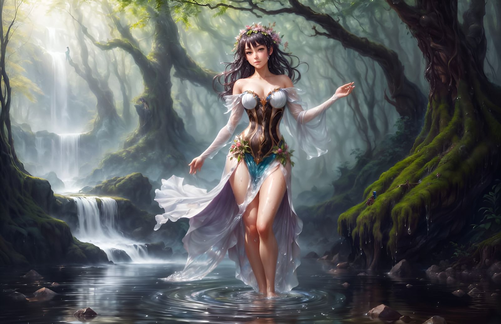 Forest Dryad with Water Hair: Digital Art Portrait