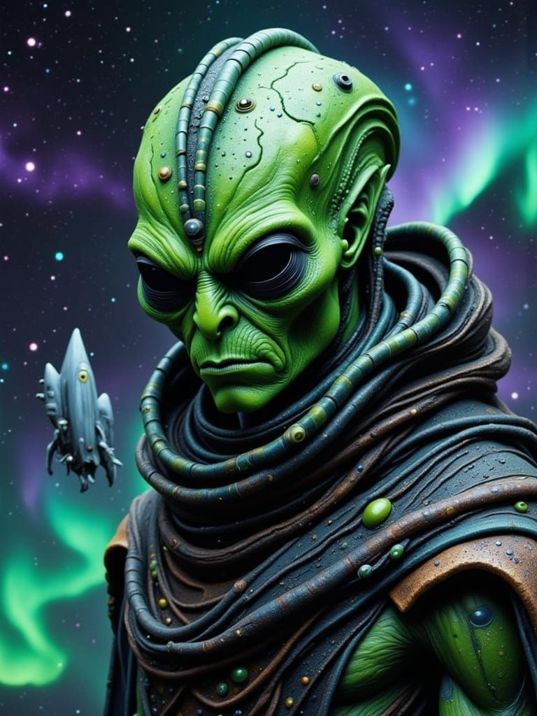 Mysterious Alien in Cosmic Robes Contemplates the Galaxy