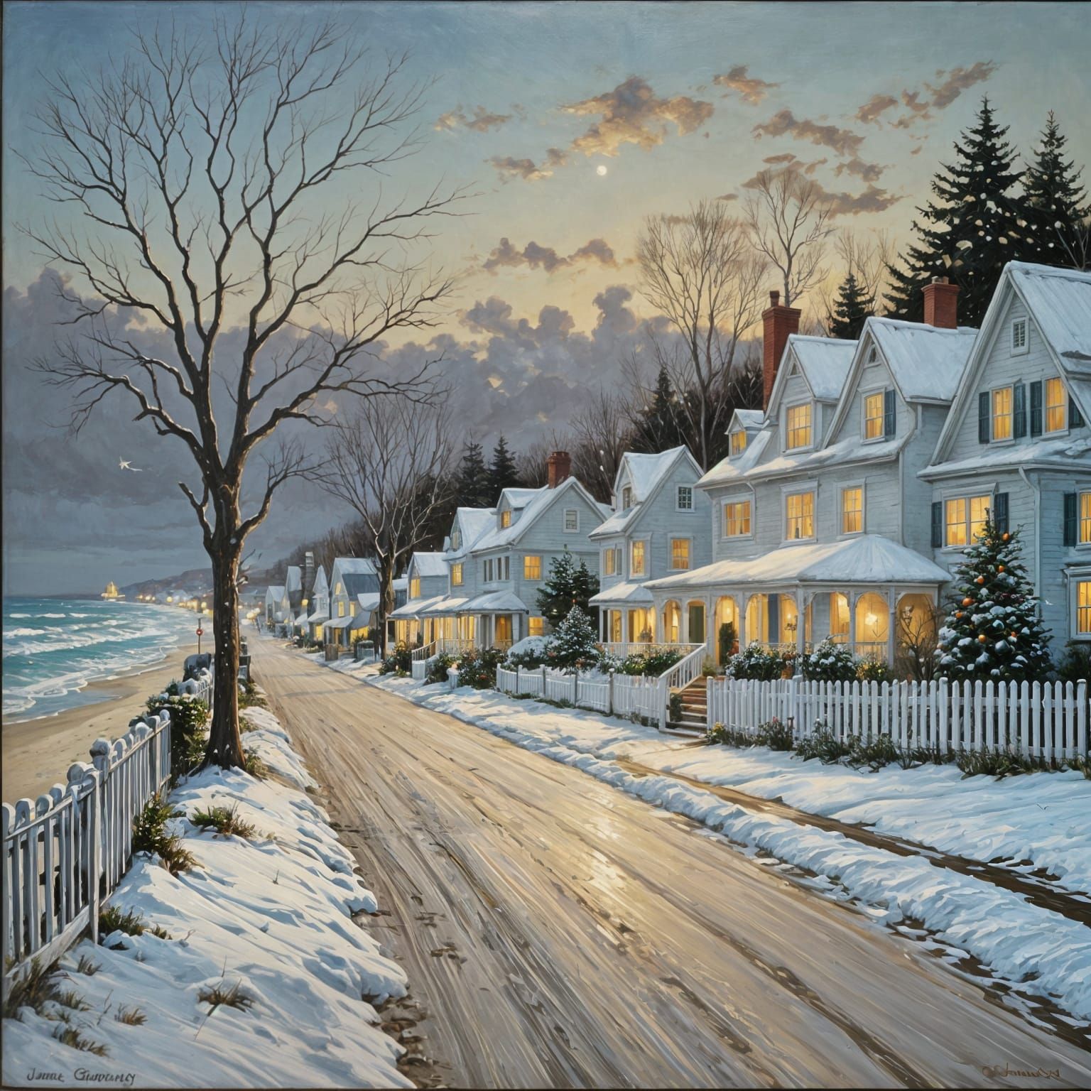 Coastal Christmas Cottages: An Oil Painting